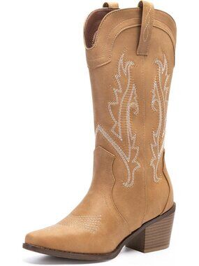 Women's Tan Cowboy Boots Pointed Toe Western Boots Embroidered Mid Calf Boots